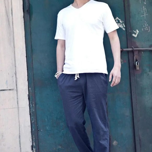 Linen Blend Lightweight Solid Casual Pants Drawstring Rope Pockets Elastic Waist - Picture 6 of 13